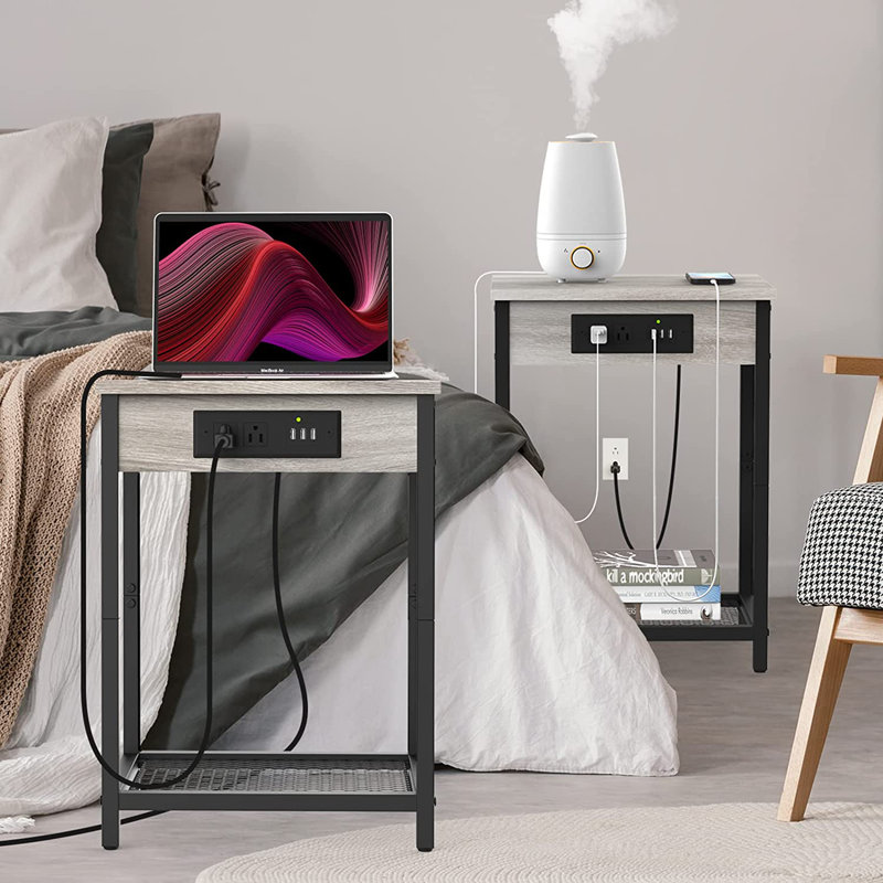 Fika End Table Set and Built-In Outlets, Gray/Black