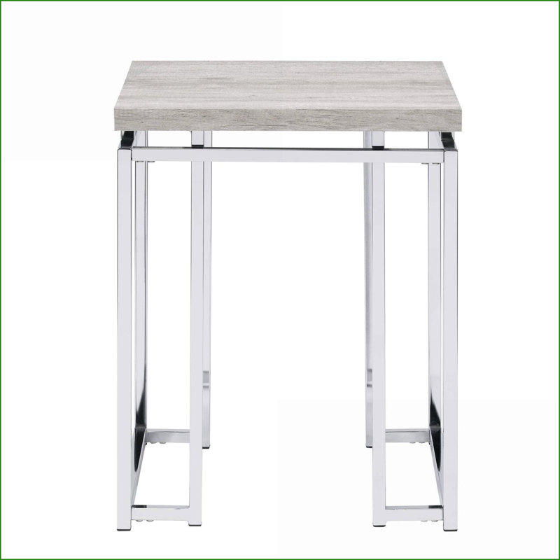 Table basse moderne en chêne naturel avec base en métal chromé, surface spacieuse pour le salon