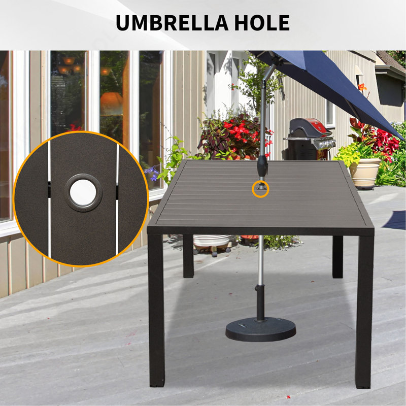 Table de salle à manger d'extérieur, table de patio à lattes en métal pour terrasse de jardin avec trou pour parasol