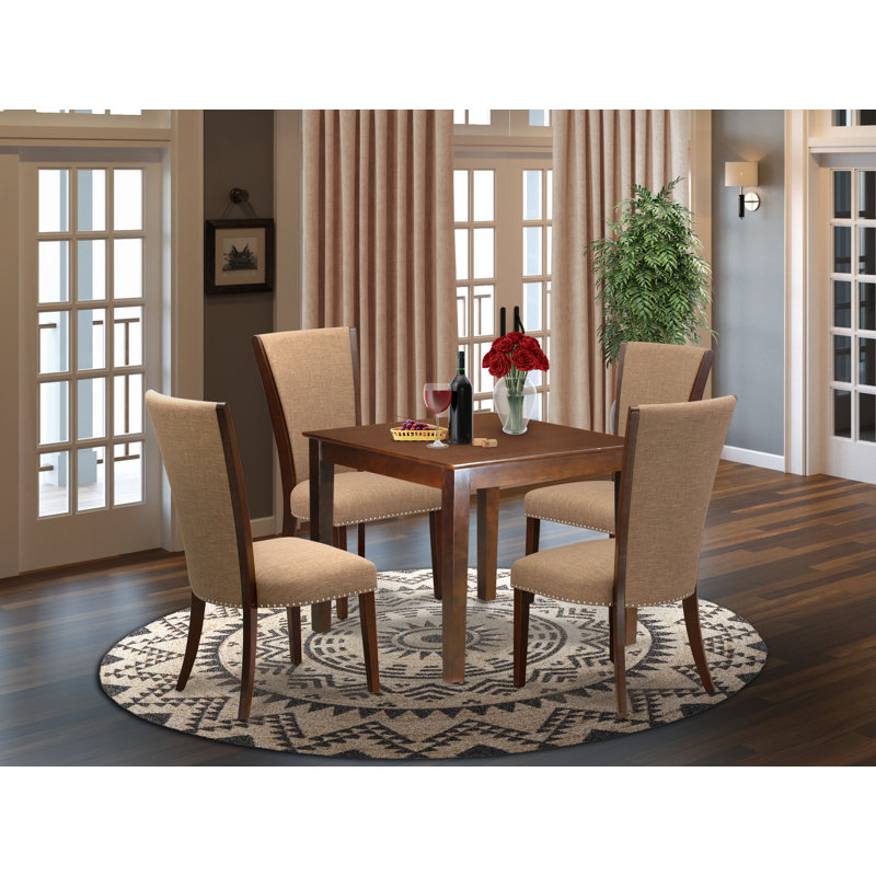 5 Piece Kitchen Table Set for 4 Includes a Square Dining Room Table and 4 Light Sable Linen Fabric Parsons Dining Chairs, Mahogany