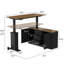 Bureau assis-debout en L noir/noyer de 140 cm (55 po) de large avec armoire de rangement et réglage en hauteur.