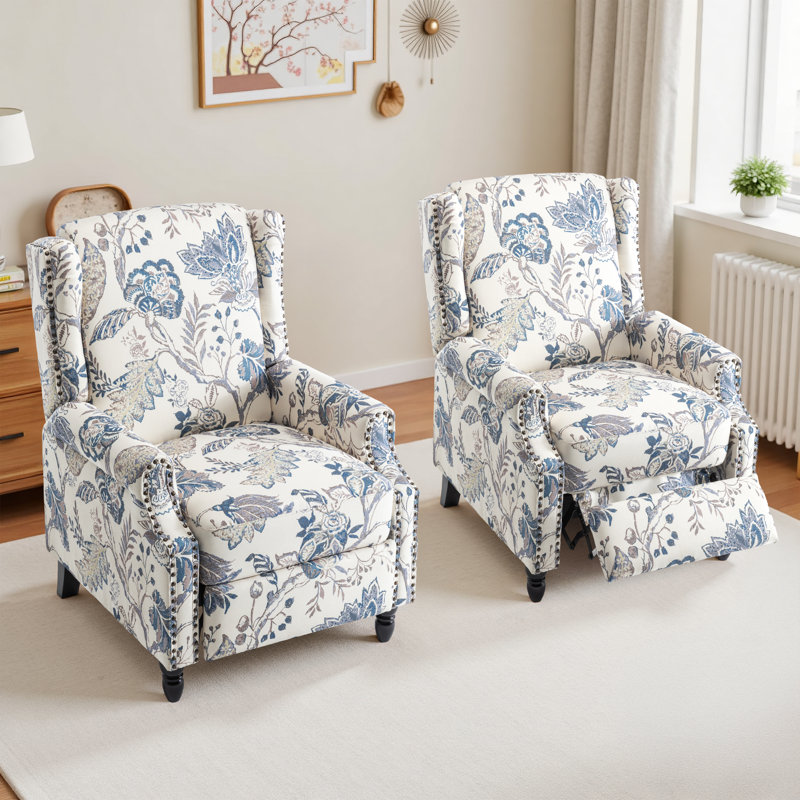 Manual Standard Push Back Recliner, Blue Plants