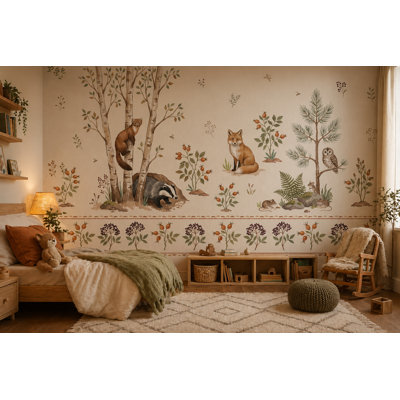 Papier peint forêt, décoration murale, aquarelle, animaux de la forêt