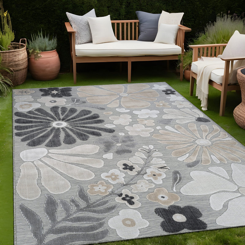 Tapis floral d'intérieur pour l'extérieur, Beige, Rectangle 9' x 12'