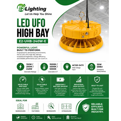 Éclairage à DEL haute baie UFO avec pile de secours E2 Lighting | 150 W / 200 W / 240 W sélectionnable | 3CCT réglable | 120 à 347 V | E2-HB-UFO-150/200 / 240W-35 / 40K-120 / 347V-E