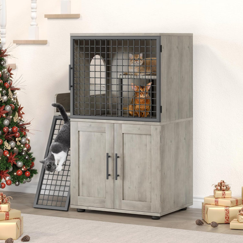 Gray MDF and Iron Cat Litter Box Enclosure with Ladder