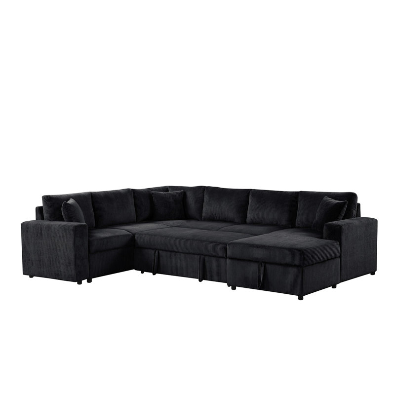 Rinaldo 123"W Corduroy Sleeper Sectional Sofa With Right-Facing Storage Chaise And Throw Pillows, Black