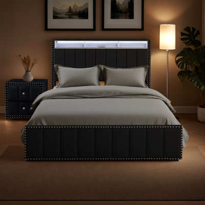 2-Pieces Bedroom Sets, Upholstered Bed Frame With Charging Station & Led Light And Nightstand by Wrought Studio