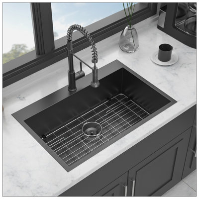 30 Drop In Kitchen Sink - Topmount Gunmetal Black Stainless Steel 18 Gauge Singe Bowl Kitchen Sink Basin