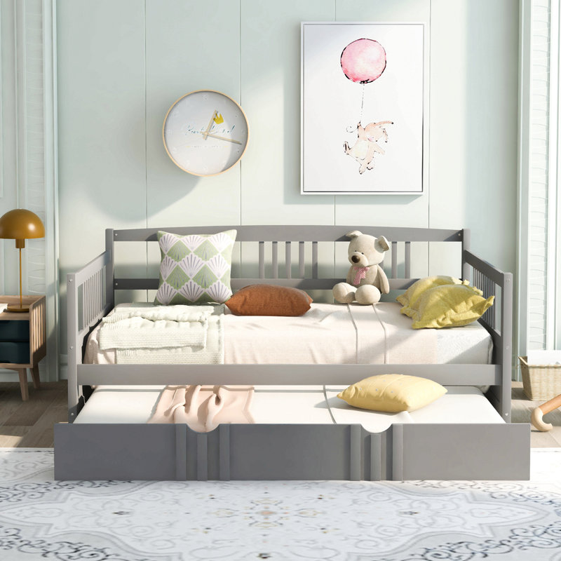 Full Size Daybed Wood Bed With Twin Size Trundle, Gray
