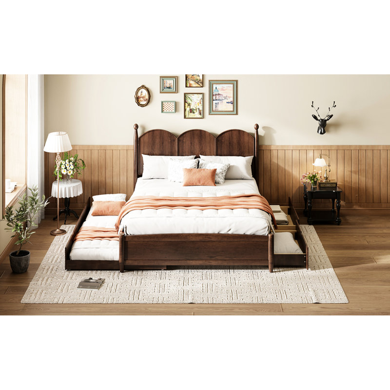 Grand lit plateforme en noyer avec rangement efficace et lit simple TG
