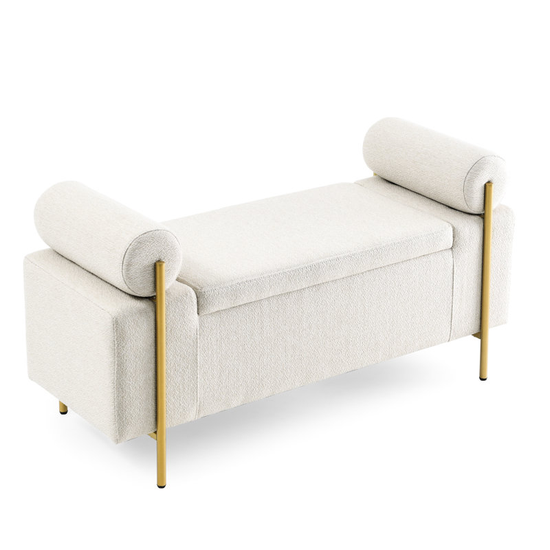 Upholstered Linen Storage Bench In Beige With Cylindrical Arms And Solid Iron Foundation For Living Room Bedroom Hallway Resilient Leg Support System