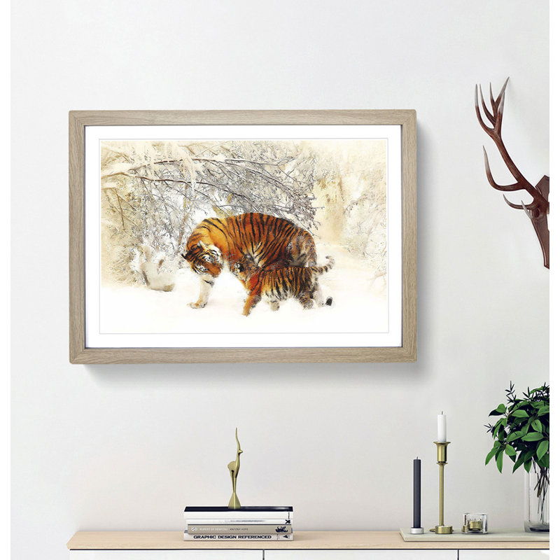 Mother Tiger and Cub in Winter - Picture Frame Graphic Art Print, Oak Framed, 62cm H x 87cm W x 2cm D