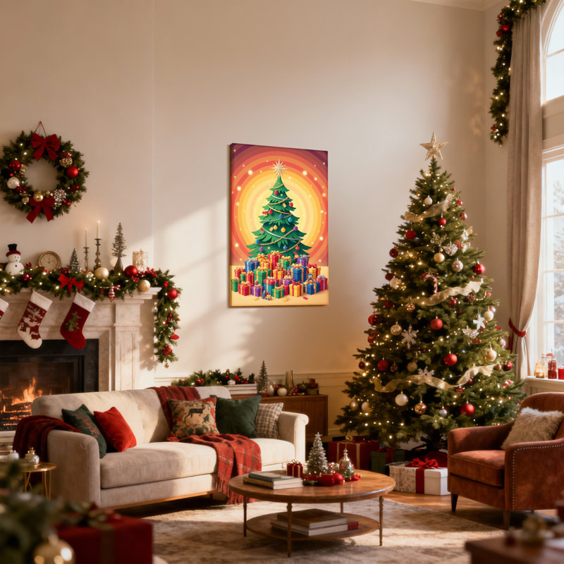 Arbre de Noël de Noël avec cadeaux et lumières, ensemble de 3 impressions sur toile, H 18 po x l 12 po