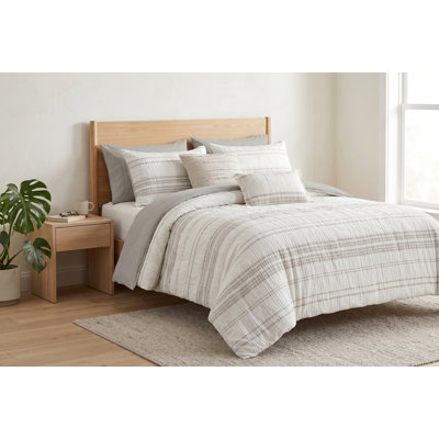 Ensemble de couette jacquard texturé 5 pièces Linden pour lit queen/double - Linge de lit à rayures texturées avec taies d'oreiller et coussins - Microfibre ultra douce