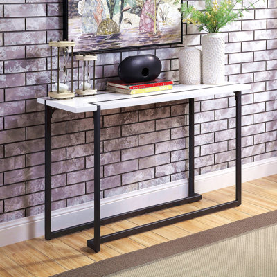 Modern Contemporary Style Sofa Table  Legs Extending Out On The Table Top Lacquer Top Metal And Steel Structure White And Gun Metal Finish Coffee Table-Not Included