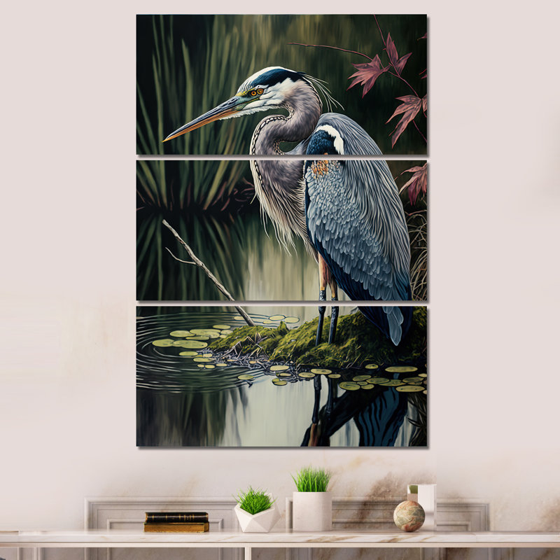 Héron au bord de la rivière - 3 impressions sur toile tendue, H 48 po x l 32 po x P 1 po