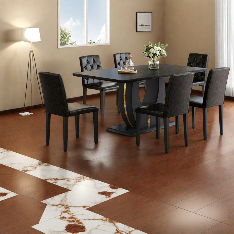 Modern Black Wood Grain Dining Table Sets With 6 Pu Chairs For Home