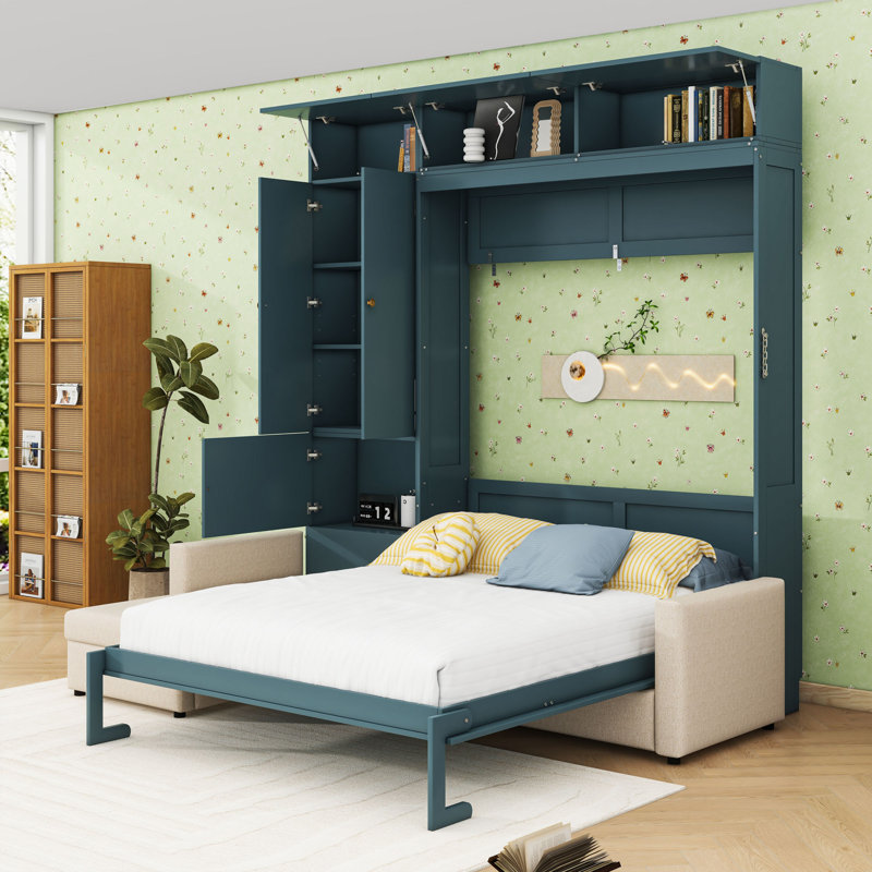 Grand lit escamotable avec canapé et tablettes, Beige