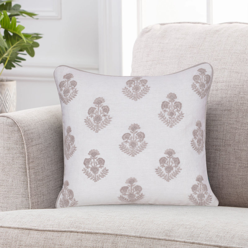 Housse de coussin carré 100% lin, Beige / blanc, floral, Housse de coussin seulement - sans coussin