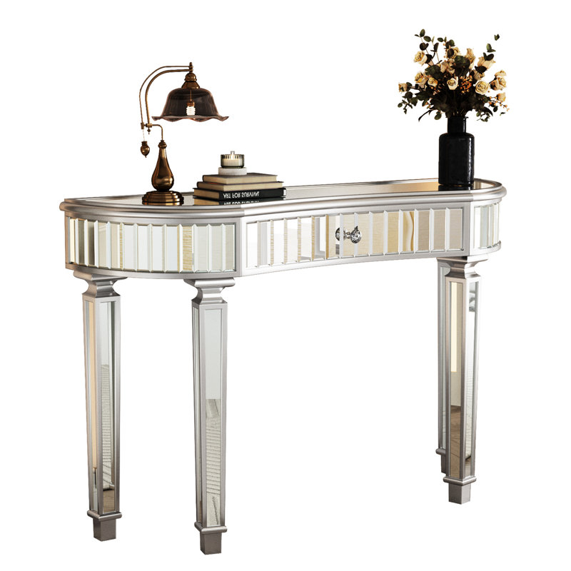 Console à miroir de 47 po avec tiroir en verre cannelé et bouton en cristal, entrée argentée pour la chambre à coucher, gris et argent