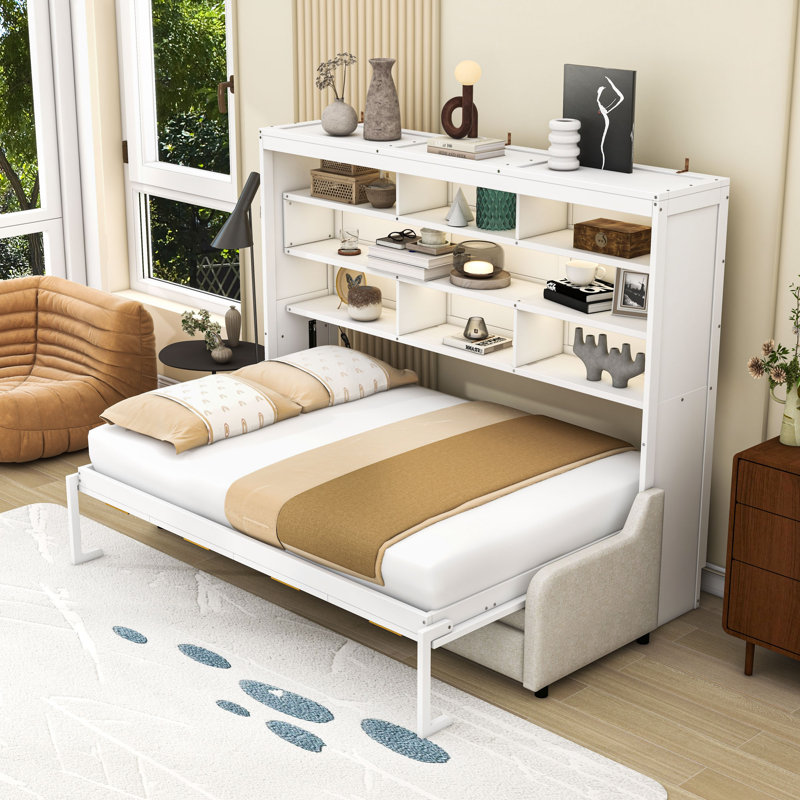 Lit escamotable en bois avec canapé pliant, tablettes, éclairage DEL et verrou de sécurité, Double