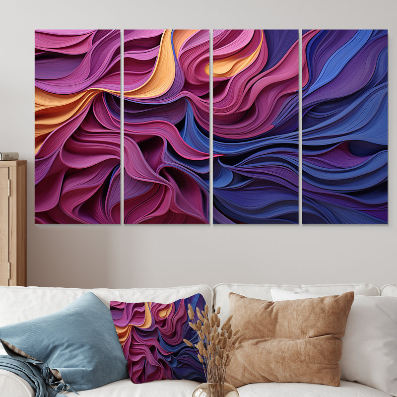Blue Fab Waves - Ensemble d'art mural abstrait géométrique 4 pièces, H 28 po x l 48 po