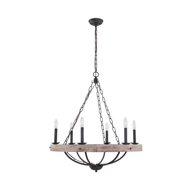 Lustre en roue de chariot à 6 lumières de style bougie avec détails en bois Enciso, Bois patiné