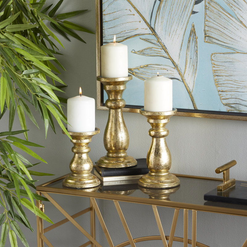 Mango Wood Turned Style Pillar Decorative Candle Holder Set, Gold