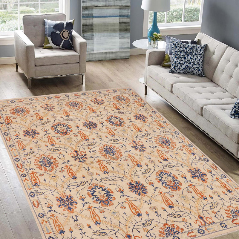 Tapis beige géométrique en laine noué à la main 9 pi 1 po x 10 pi 8 po