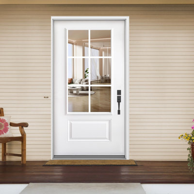 Porte d'entrée extérieure moderne en fibre de verre 6-Lite avec design d'intimité en verre à faible émissivité