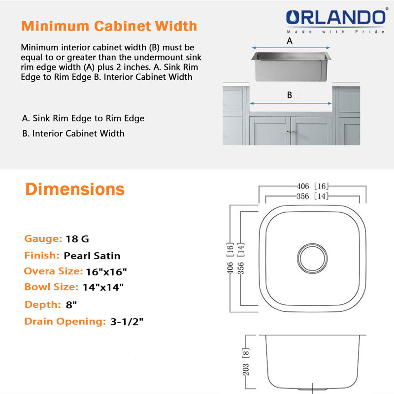 16'' L Single Bowl Stainless Steel Kitchen Sink