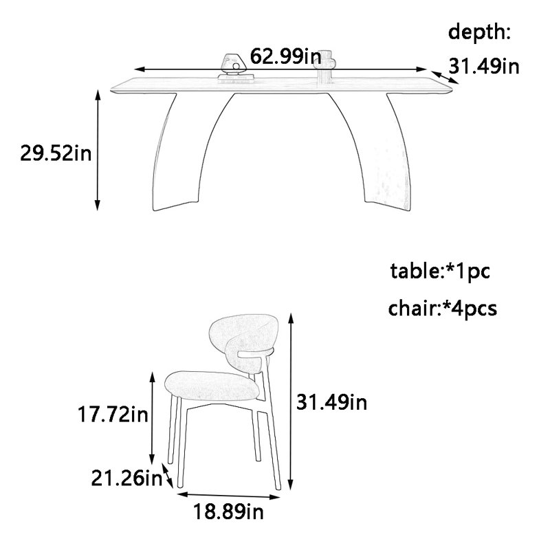 Vintage rectangular dining table and chair set, 29.52"H x 62.99"L x 31.49"W