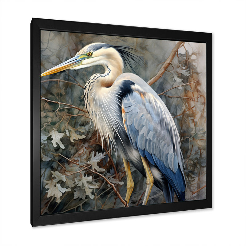 Graceful Heron Waterbird I - Heron, impressions encadrées, Cadre simple noir, H 30 po x l 30 po x P 1 po