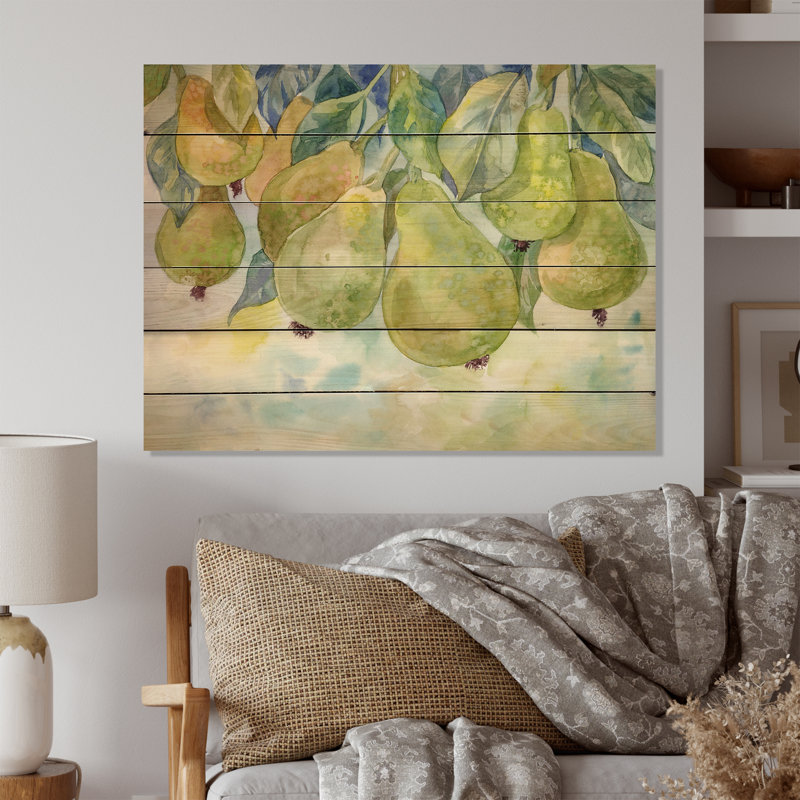 Poire jaune dans un jardin fleuri - décoration murale traditionnelle en bois, H 16 po x l 32 po x P 1 po