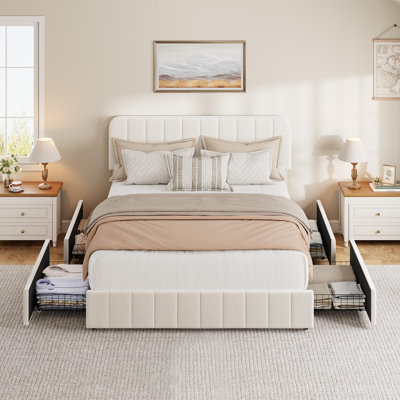 Queen Size Velvet Bed Frame with Storage Drawers, Upholstered Platform Bed with Vertical Channel Tufted Adjustable Headboard, No Box Spring Needed, Easy Assembly