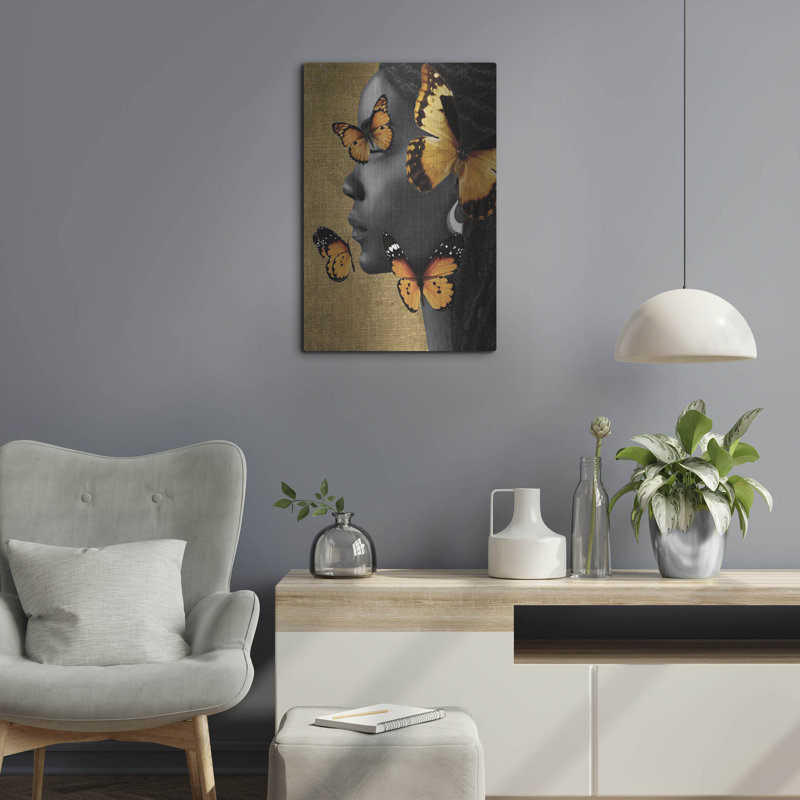 Art mural en métal Monochrone papillon doré 1 'par Alonzo Saunders, H 24 po x l 16 po