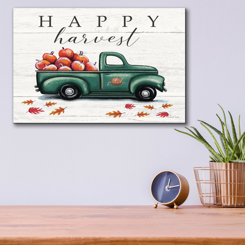 Art mural en verre épique «Happy Harvest Truck» par Elizabeth Tyndall, 16 po x 12 po
