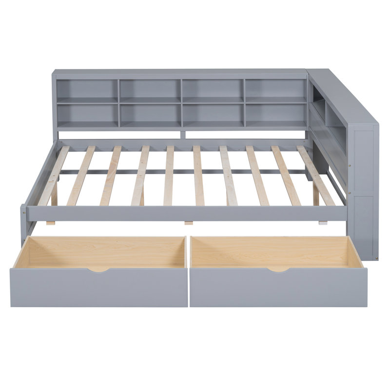 Lit de jour double avec 2 tiroirs, unités de chargement et de bacs gris, rangement