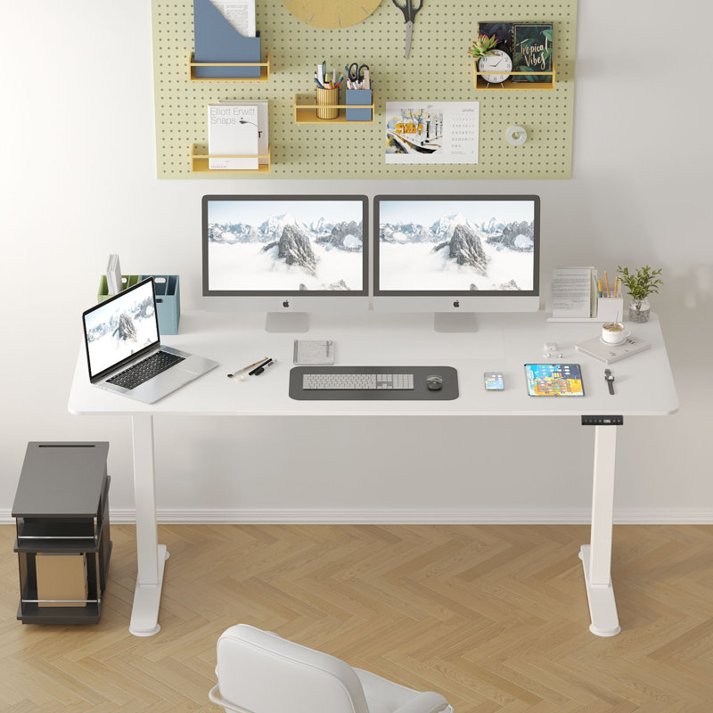 Height Adjustable T-Shaped Computer Desk 180 x 80cm Electric Standing Desk with USB Charging, White, White