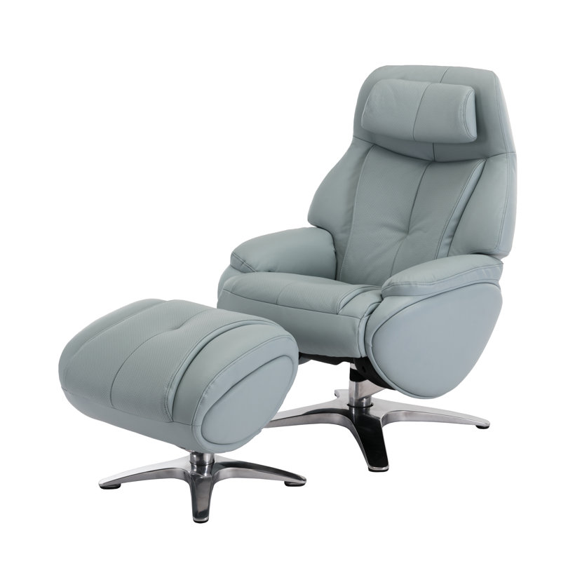 Yusef Upholstered Swivel Recliner, Baby Blue Leather Match