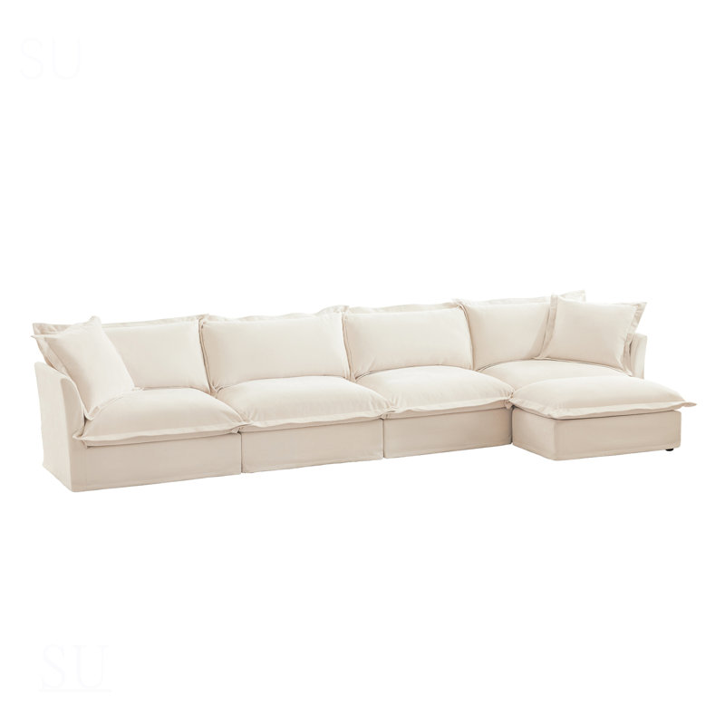 Slipcovered L Shape Sectional Sofa, 4 Seater With Suppleness Armrests, Chenille Deep Seat, 2 Big Pillows, Comfy Living Room Couch