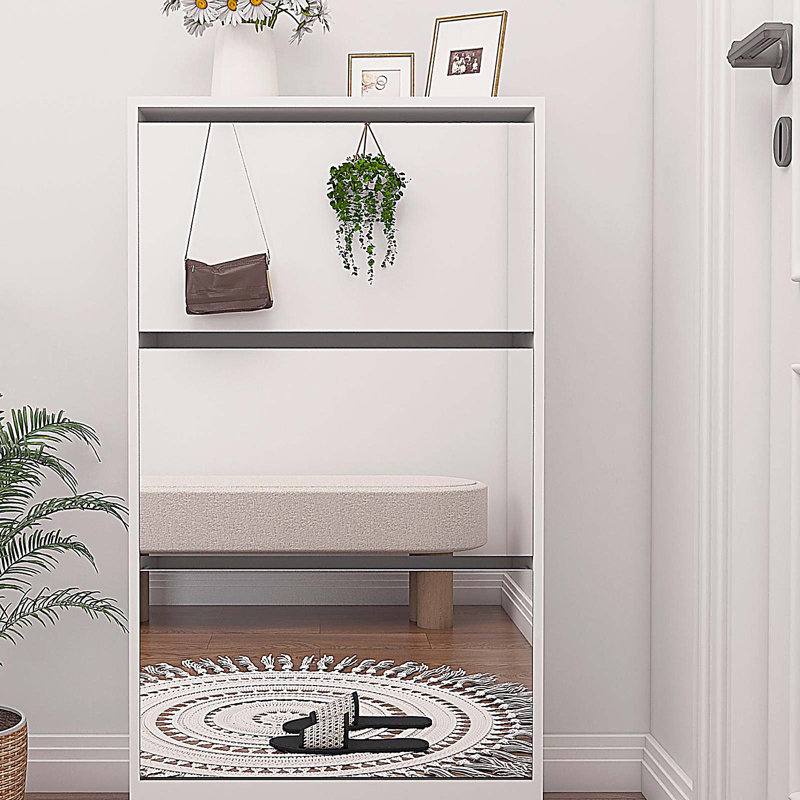 Armoire de rangement étroite pour chaussures avec miroir, étagère à chaussures 3 niveaux