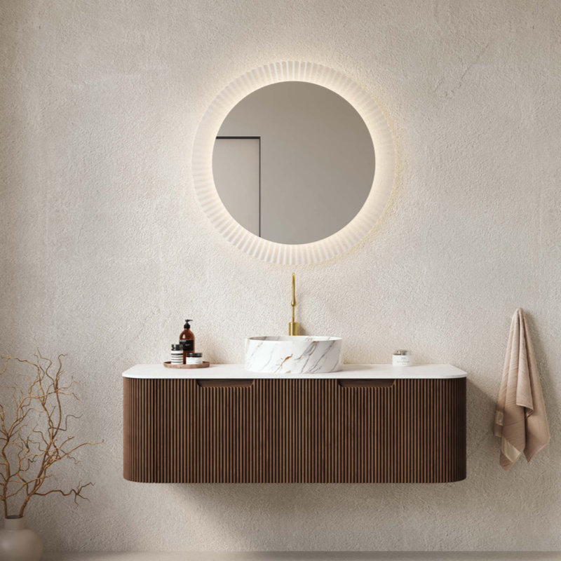 Meuble-lavabo de salle de bain mural avec lavabo, bords courbés et rayé avec 2 tiroirs, lavabo rond en céramique avec motif de pierre, pré-assemblé