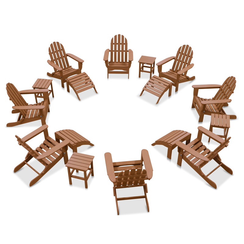 Leighton 16 Piece Plastic/Resin Adirondack Chair with Ottoman and Table, Teak