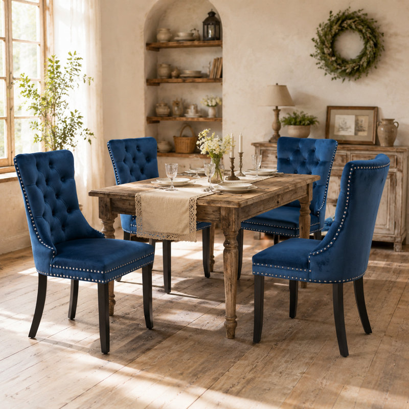 Ensemble de 2 fauteuils de salle à manger rembourrés en velours avec pieds en bois, Bleu