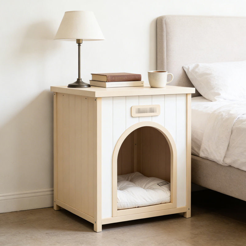 Maison solide pour petits animaux, fonctionnant comme table d'appoint, blanc crème, design minimaliste américain