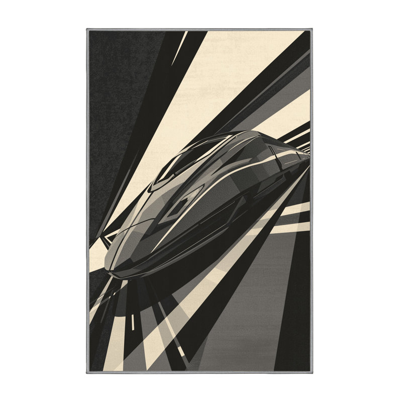 Machine Washable Potts High Speed Bullet Train Sleek & Chic Modern Geometric Rug in Brown – Gray Binding, 2x5