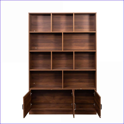 Bookshelf 70.87” Tall 4-Tier with 10 Cubes &amp; 3 Doors, Open Shelf Bookcase with Cabinet, Modern Cube Storage Organizer | Walnut Brown | Contemporary