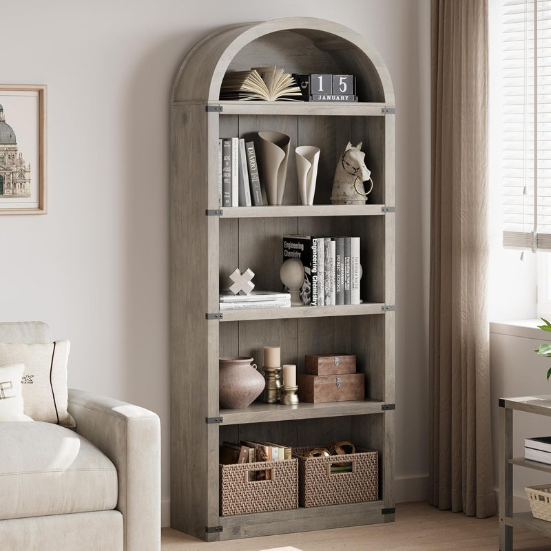 Bookcase Arched Bookshelf 71.65In Tall Bookcase Farmhouse Display Storage Rack, Gray